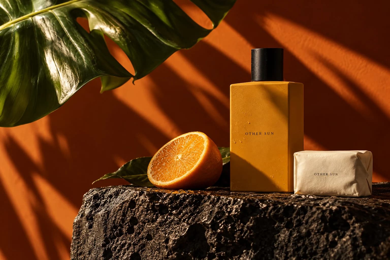 Other Sun fictional botanical identity with ochre packaging and warm sunlight
