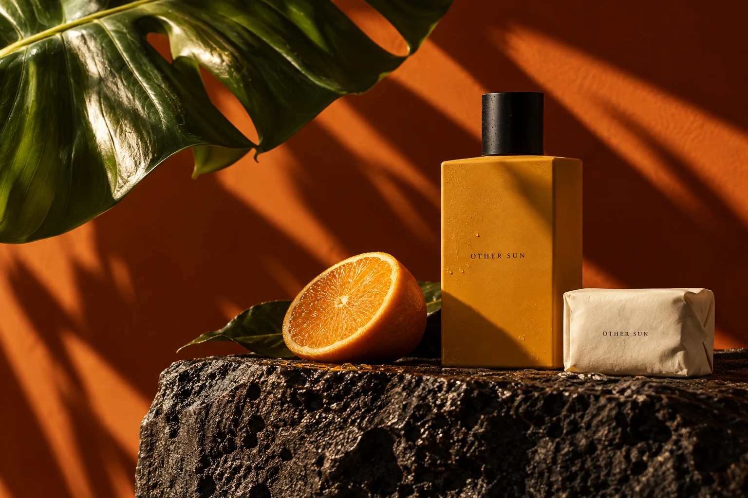 Original Other Sun concept: ochre botanical bottle, orange and ivory packaging in tropical sunlight